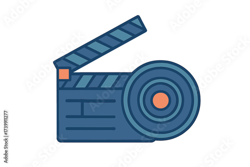 Stylized movie clapperboard slate and film reel symbolizing cinema production