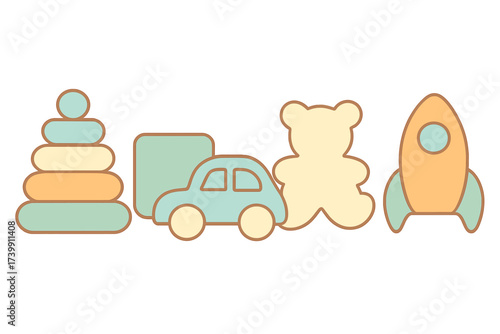 Classic children's toys set including teddy bear car and stacking rings rocket