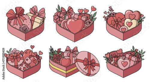 A charming collection of six heartshaped gift boxes for Valentines Day filled with love and presents.