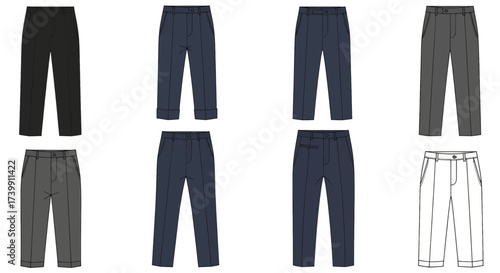 Set of mens classic trousers fashion flat sketch template.