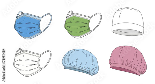 Set of medical masks and surgical caps illustration.