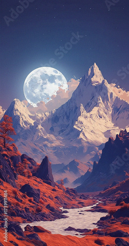 Mountain landscape with moon. Minimalist backdrop. Nature, success, travel, holiday concept
