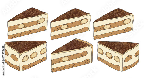 Set of six illustrated slices of tiramisu cake isolated on a white background.