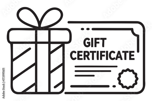 Black outline icon of a gift certificate next to a gift box with a ribbon bow on top, symbolizing rewards, promotions, or special occasions.