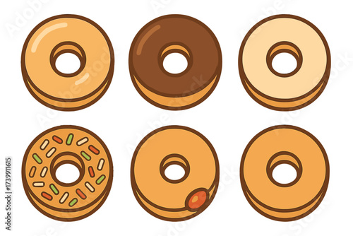 Collection of six sweet glazed and frosted ring donuts in various flavors
