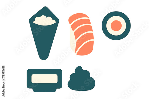 Minimalist set of Japanese sushi food items including nigiri temaki maki rolls wasabi and soy sauce dish