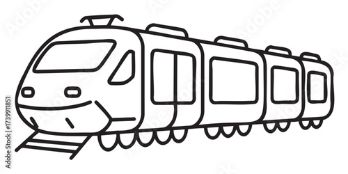Black outline vector icon of a modern streamlined passenger train with multiple cars and visible windows. minimal linear design for transportation and travel concepts.