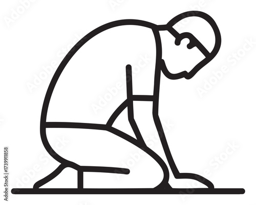 Black outline vector icon of a kneeling person in prayer position, shown in a side profile with simple linear design.