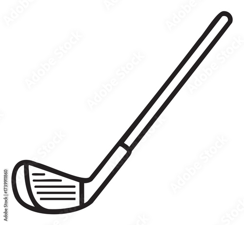 Black outline of a simple golf club with a long handle and detailed club head, ideal for golf, sports, and recreation themes.
