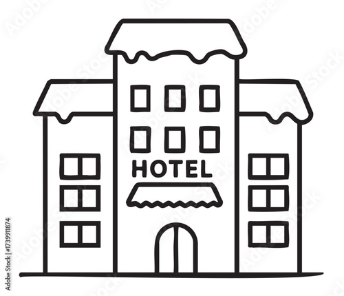 Black outline illustration of a simple three-story hotel building with snow-topped roofs and symmetrical windows.