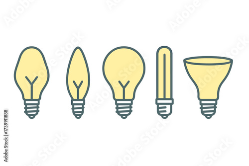 Collection of various glowing electric light bulbs showing different shapes and sizes