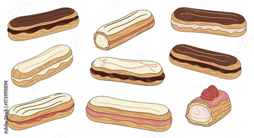 Set of delicious cartoon eclairs with various fillings and toppings isolated on a white background.