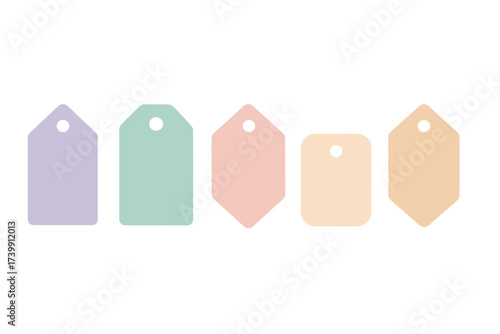 Five blank pastel colored tags and labels in various geometric shapes
