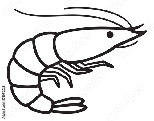Black outline vector icon of a simple shrimp with segmented body and antennae. minimal linear illustration for seafood, marine life, and culinary concepts.