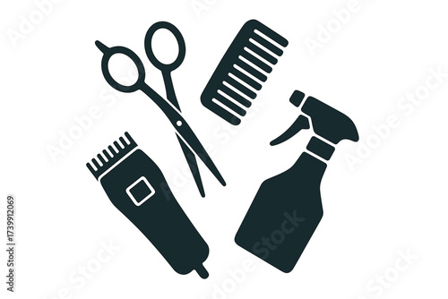 Professional hair styling and grooming tools set including scissors comb and electric clipper