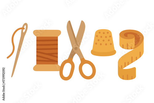 Essential sewing and tailoring equipment including needle, thread, scissors, thimble, and measuring tape