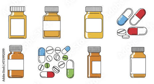 Vector illustration set of medicine bottles pills and capsules isolated on white background.