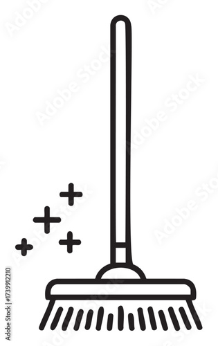 Black outline icon of a simple broom with sparkles, symbolizing cleanliness and tidiness.