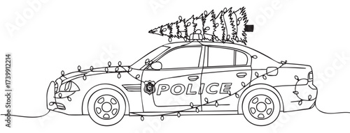 Black outline drawing of a police car decorated with christmas lights and a tree on the roof, symbolizing festive holiday spirit.