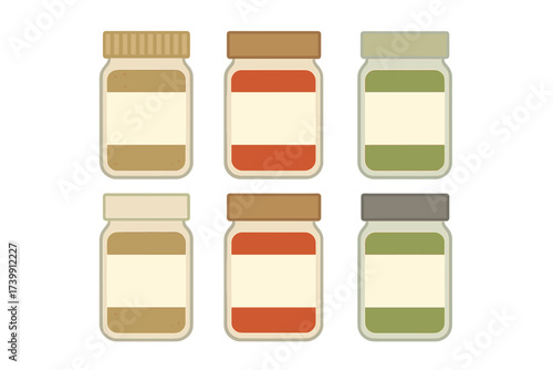 Collection of six stylized jars filled with various colored ingredients and blank labels