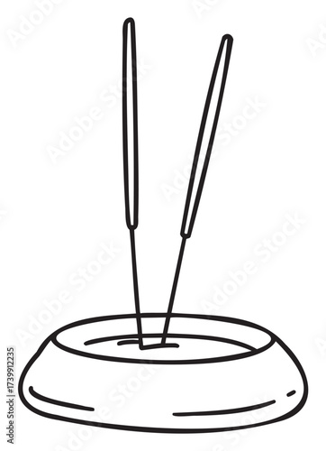 Black outline drawing of two incense sticks placed upright in a round holder, representing meditation and relaxation.