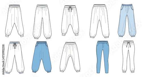 Set of Pants Fashion Flat Technical Drawings Vector Template.