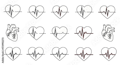 Heartbeat line icons and anatomical heart vector set for cardiology and health concepts.