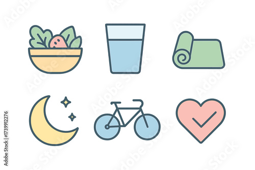 Colorful icons set representing healthy lifestyle habits and wellness routine