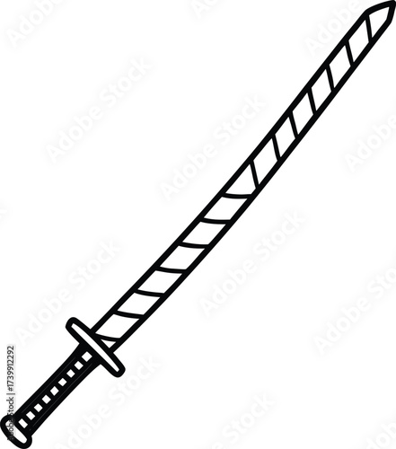 samurai sword with patterned scabbard outline vector illustration on transparent background