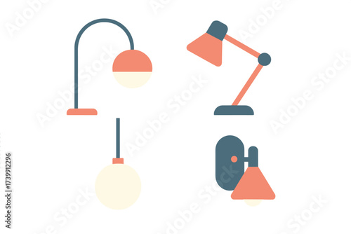 Set of modern interior lighting fixtures: floor lamp, desk lamp, pendant light, and wall sconce