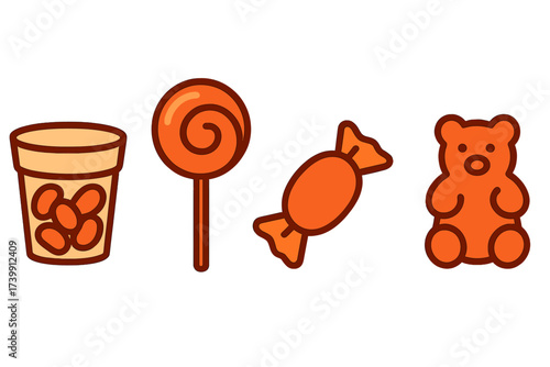 Vibrant collection of orange colored sweet treats and sugary snacks icons on white