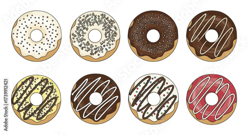 Collection of colorful glazed donuts with sprinkles illustration.