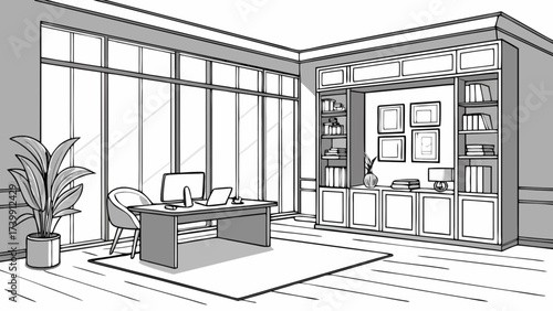 Illustration of a home office interior with desk, chair, plant, and a large window providing natural light