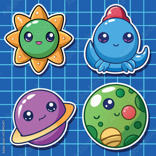 Cute cartoon space creatures and planets adorable kawaii celestial characters sticker pack collection