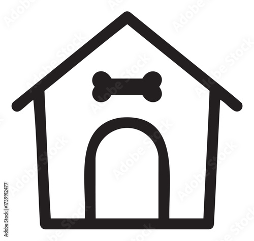 Black outline icon of a simple doghouse with a bone symbol above the entrance. minimal linear design for pet and animal concepts.