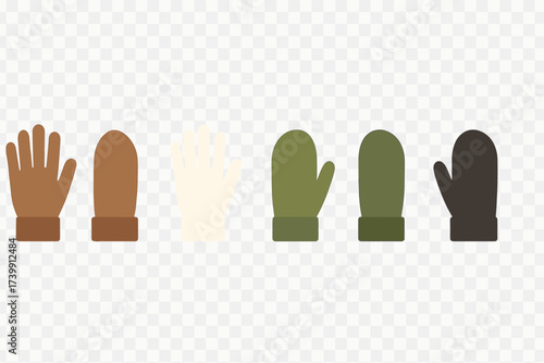 Collection of winter hand coverings including gloves and mittens in earthy colors