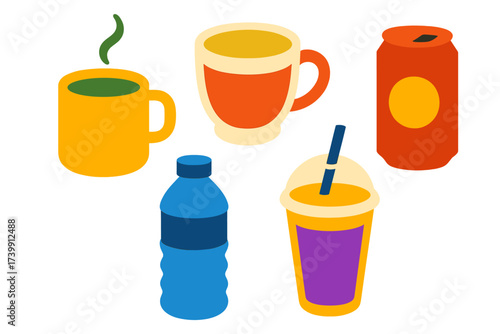 Various colorful beverages including coffee mugs, soda can, water bottle, and cold drink cup arranged together
