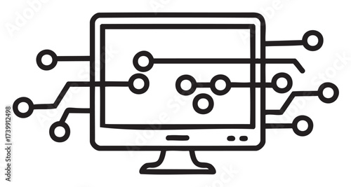 Black outline icon depicting a computer monitor connected with multiple circuit lines, symbolizing digital technology and network connections.