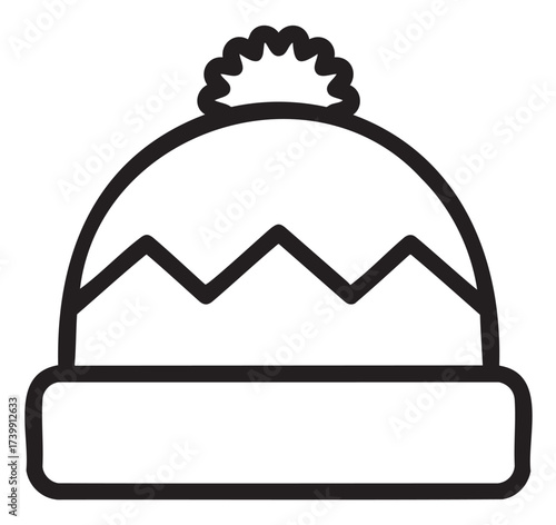 Black outline icon of a knitted winter beanie with a zigzag pattern and pom-pom on top, illustrating cold weather headgear.