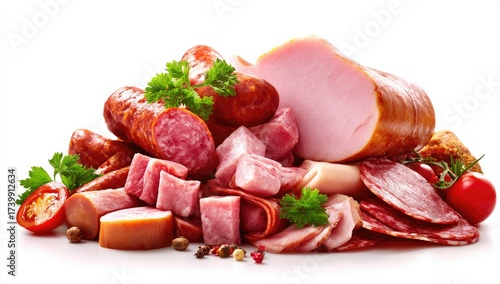 Assorted deli meats, sausages, and fresh produce are piled on a white backdrop