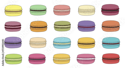 Set of colorful French macaron cookies illustration.