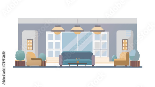 Illustration of a living room featuring a sofa, armchairs, lamps, and windows in a modern style