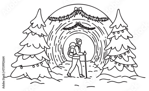 Male hiker in winter attire walking through a snow-covered, illuminated tunnel adorned with festive garlands, surrounded by decorated evergreen trees.