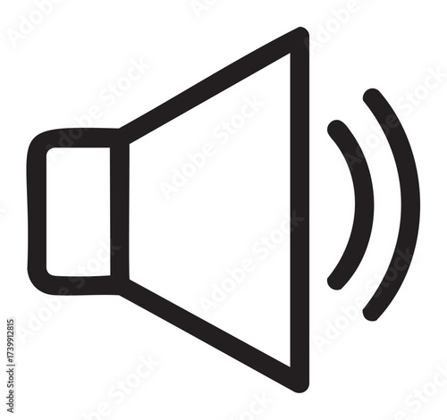 Black outline icon of a simple speaker emitting sound waves, representing audio, music, and sound concepts.