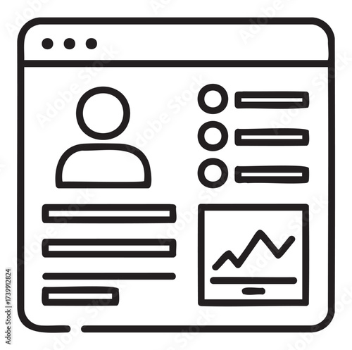 Black outline vector icon of a simple web user profile interface with symbol, text lines, and graph representation. minimal design for online identity and data management.
