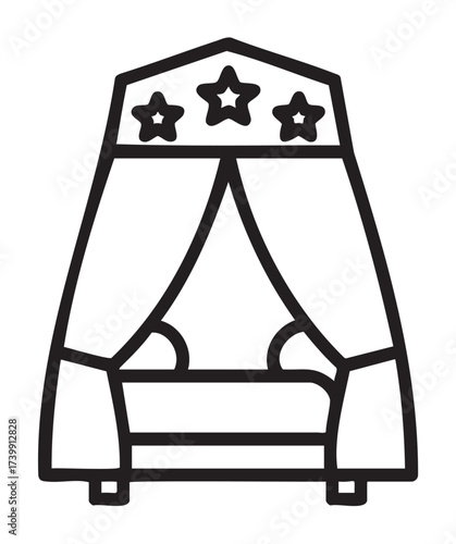 Black outline vector icon of a simplistic theater stage with curtains and star decorations. minimal design for performance, drama, and theater concepts.