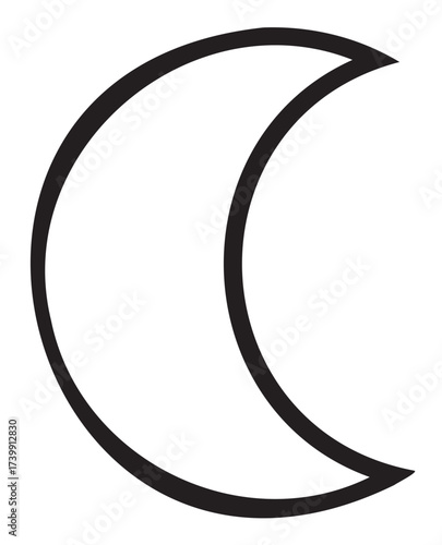 Black outline of a simple crescent moon icon in a minimalist design style. geometric and clean illustration for night, astronomy, or cosmic motifs.