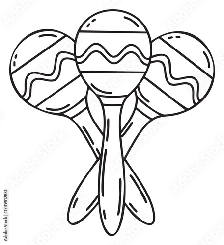 Three black outline maracas with striped and wavy patterns arranged in a symmetrical cross display.