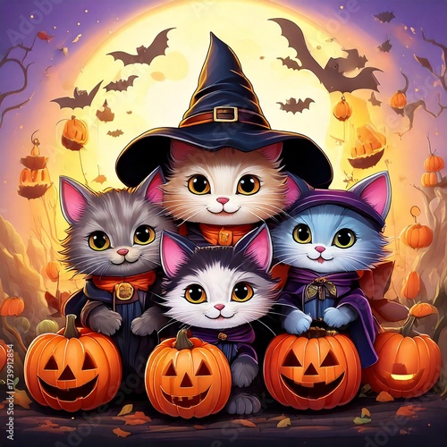 Cute Halloween Cats Celebrate with Jack-o'-Lanterns