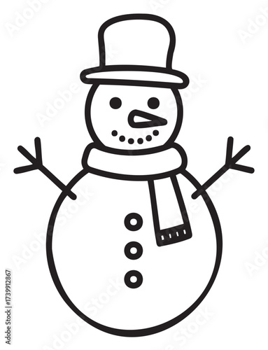 Black outline vector drawing of a classic snowman with a top hat, scarf, and three buttons on its round body.